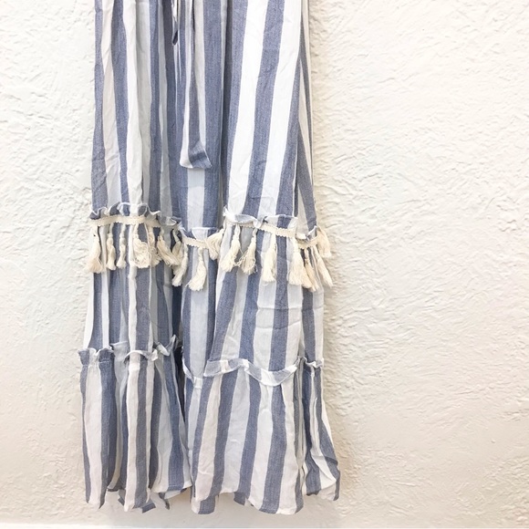 Altar'd State Off Shoulder Maxi Dress Blue White Stripe Fringe Tassel Large - Picture 5 of 9